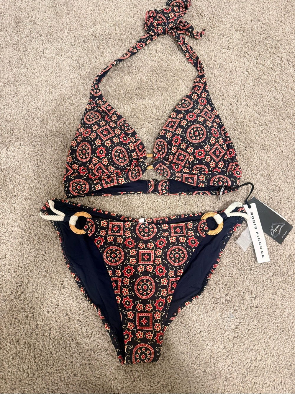 Robin Piccone Navy with Coral Pattern Halter Bikini